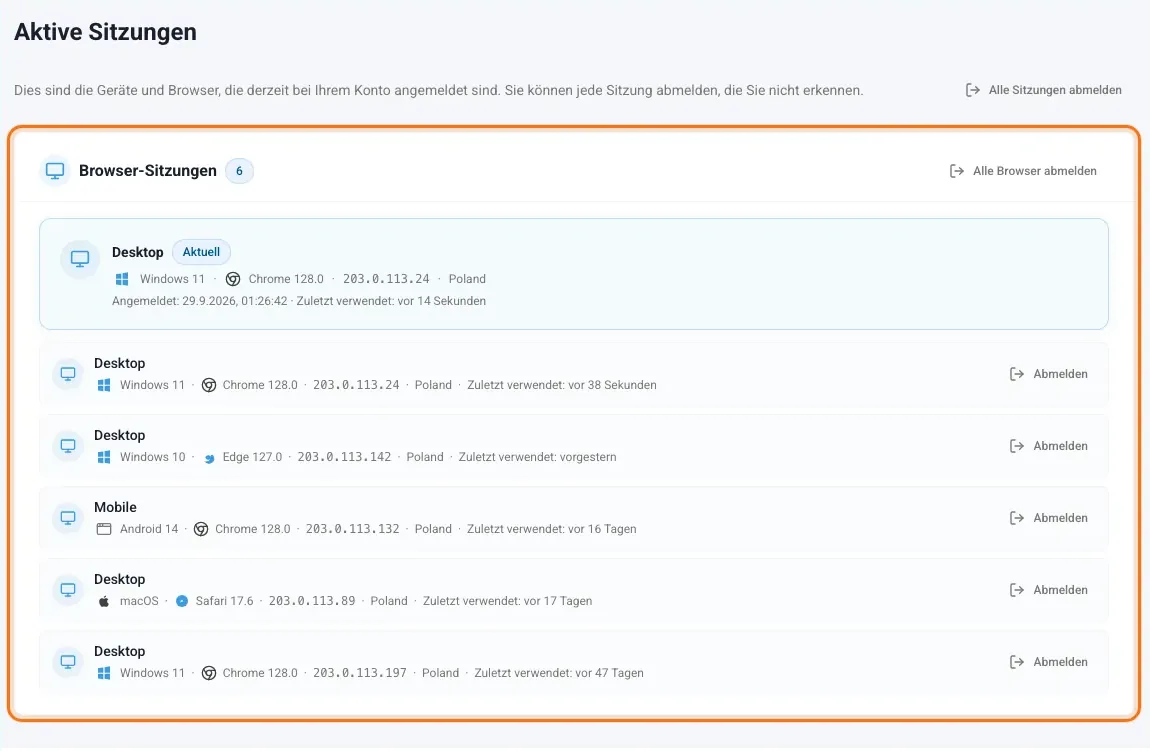 Seite Aktive Sitzungen mit der Liste der Browser-Sitzungen
