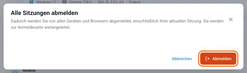 Bestätigungsfenster Alle Sitzungen abmelden