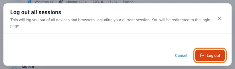Log out all sessions confirmation window