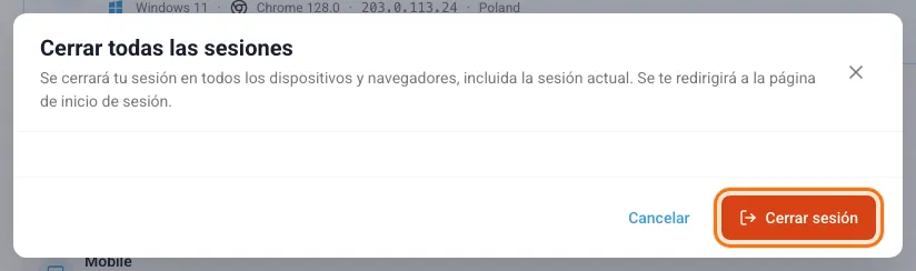 Ventana de confirmación Cerrar todas las sesiones