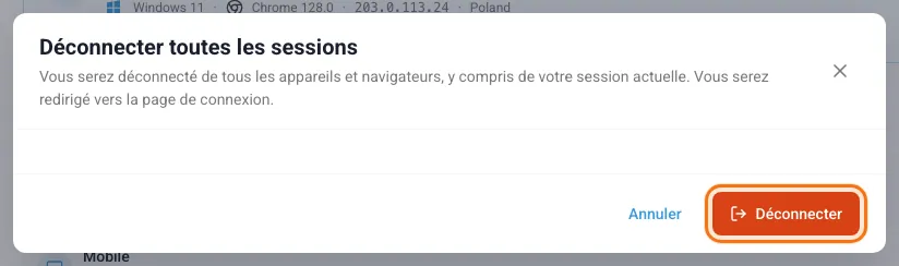 Fenêtre de confirmation Déconnecter toutes les sessions