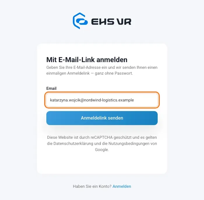 Seite Mit E-Mail-Link anmelden mit dem E-Mail-Feld und der Schaltfläche Anmeldelink senden