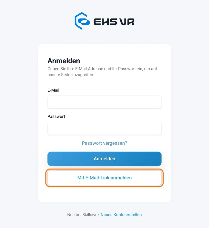Anmeldeseite mit der Schaltfläche Mit E-Mail-Link anmelden