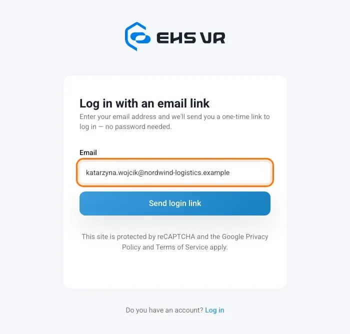 Log in with an email link page with the email field and the Send login link button