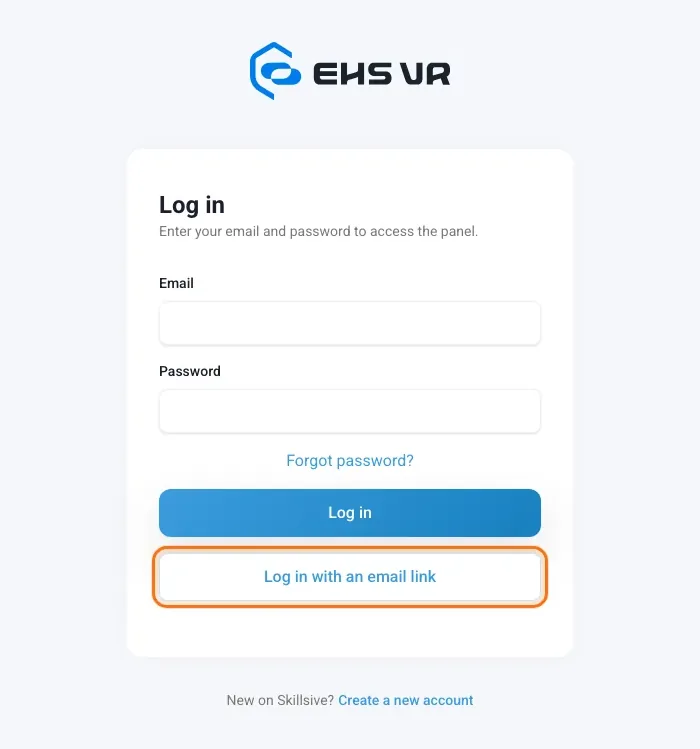 Log in page with the Log in with an email link button