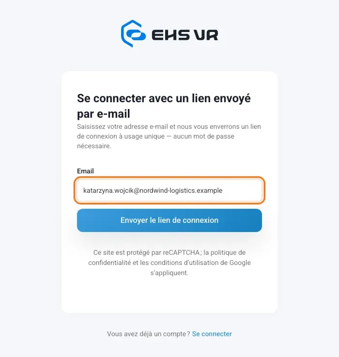Page Se connecter avec un lien envoyé par e-mail avec le champ de l’adresse e-mail et le bouton Envoyer le lien de connexion