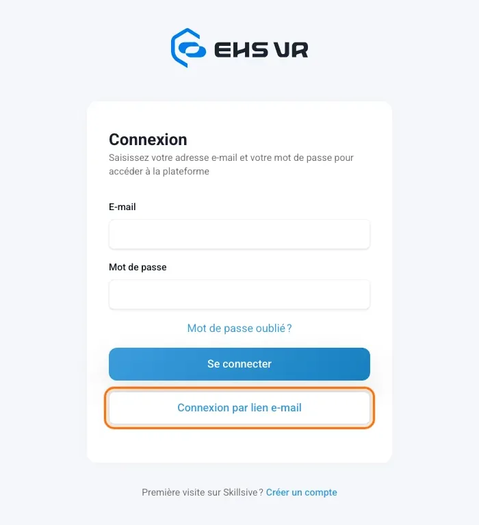 Page Connexion avec le bouton Connexion par lien e-mail