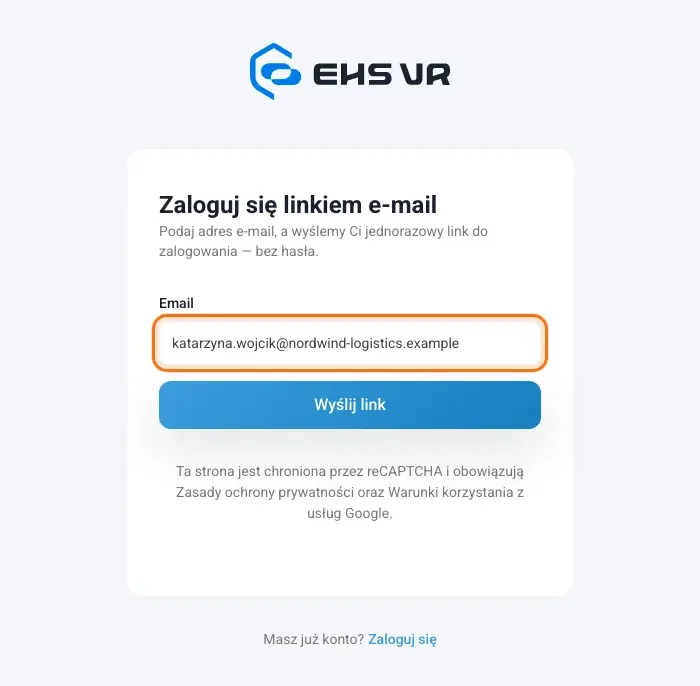Strona Zaloguj się linkiem e-mail z polem adresu i przyciskiem Wyślij link