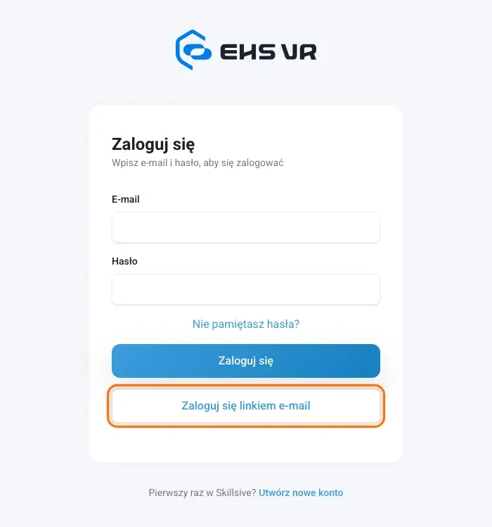 Strona logowania z przyciskiem Zaloguj się linkiem e-mail