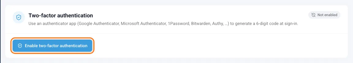 Two-factor authentication card with the Enable two-factor authentication button