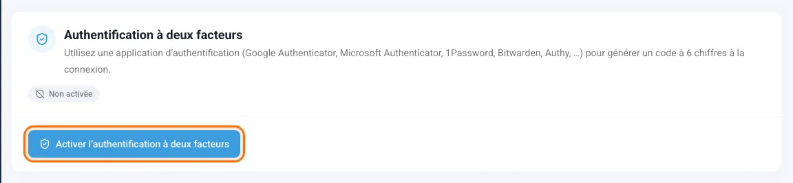 Carte Authentification à deux facteurs avec le bouton Activer l’authentification à deux facteurs