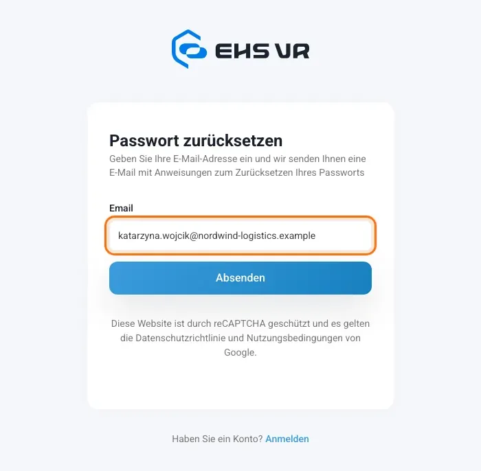 Seite Passwort zurücksetzen mit dem Feld für die E-Mail-Adresse