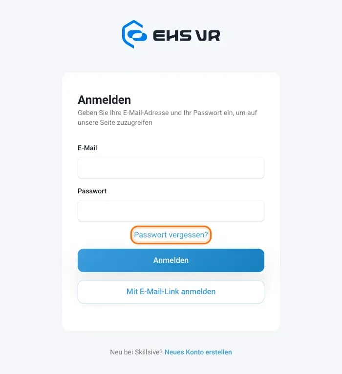 Anmeldeseite mit dem Link Passwort vergessen?