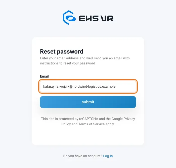 Reset password page with the email address field