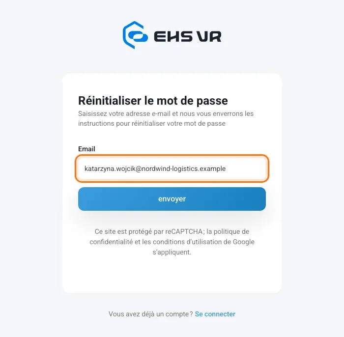 Page Réinitialiser le mot de passe avec le champ de l’adresse e-mail