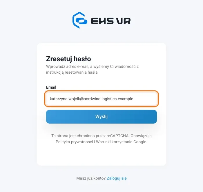 Strona Zresetuj hasło z polem adresu e-mail