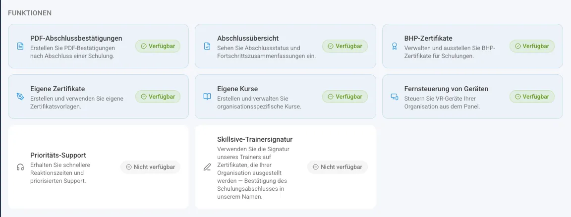 Der Bereich Funktionen mit verfügbaren und nicht verfügbaren Funktionen