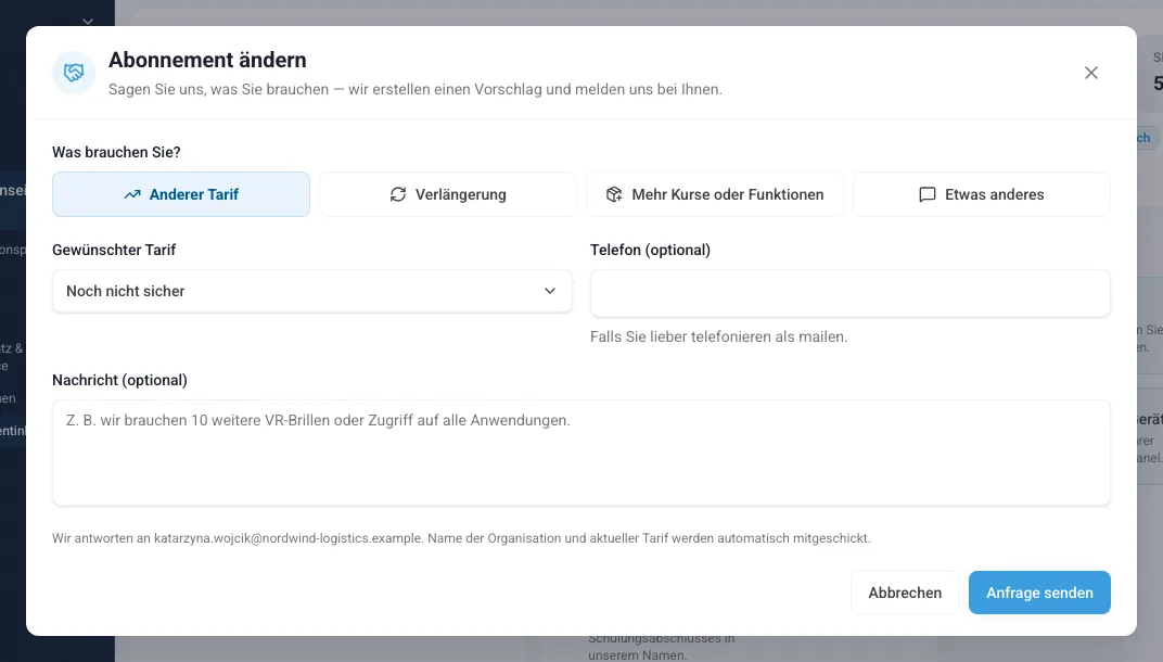 Das Fenster „Abonnement ändern“ mit Thema, Tarif, Telefon und Nachricht