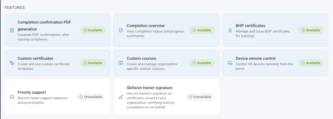 The Features section with available and unavailable features
