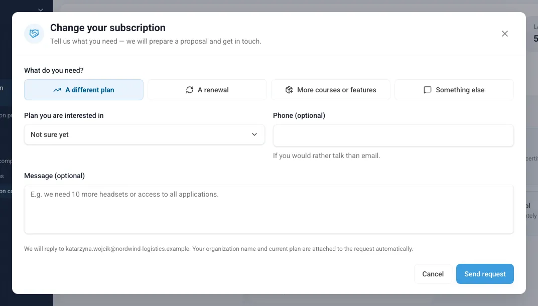 The "Change your subscription" window with the request topic, plan, phone and message