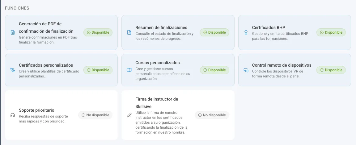 La sección Funciones con funciones disponibles y no disponibles