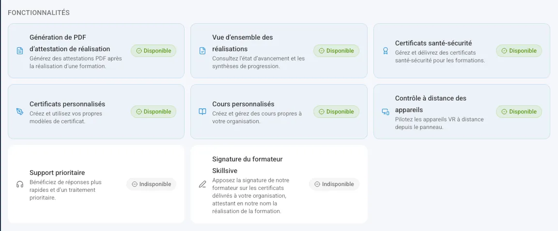 La section Fonctionnalités avec les fonctionnalités disponibles et indisponibles