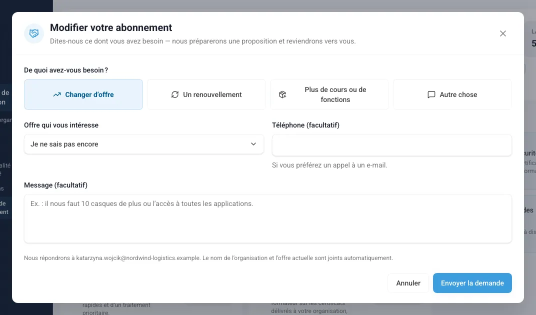 La fenêtre « Modifier votre abonnement » avec le sujet, l’offre, le téléphone et le message