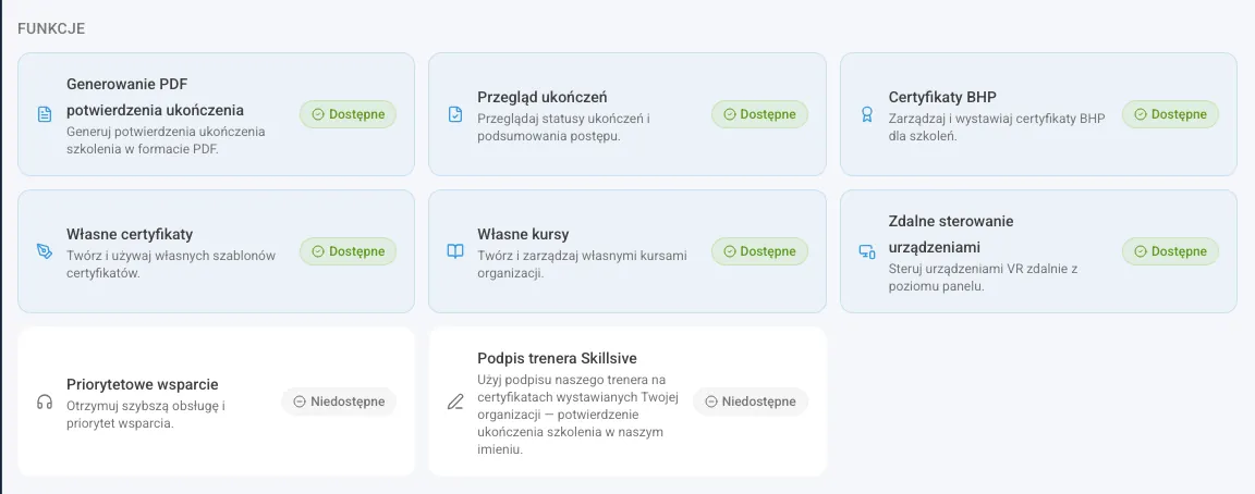 Sekcja Funkcje z dostępnymi i niedostępnymi funkcjami