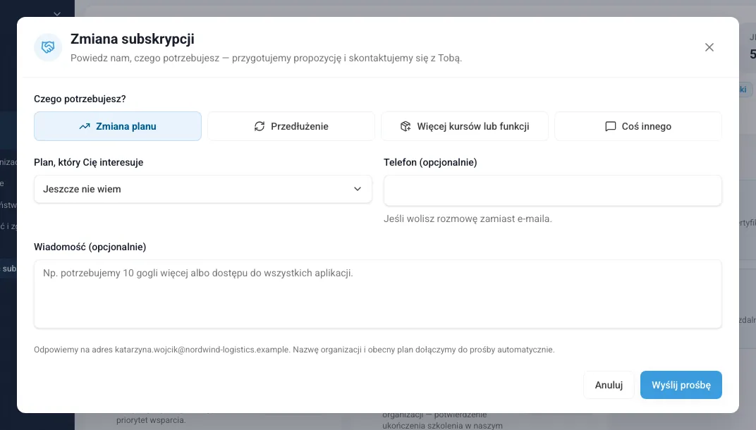 Okno „Zmiana subskrypcji” z tematem prośby, planem, telefonem i wiadomością