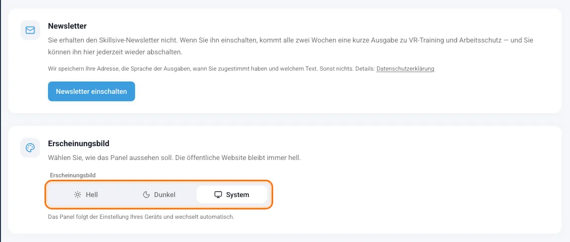 Karten Newsletter und Erscheinungsbild im Kontoprofil