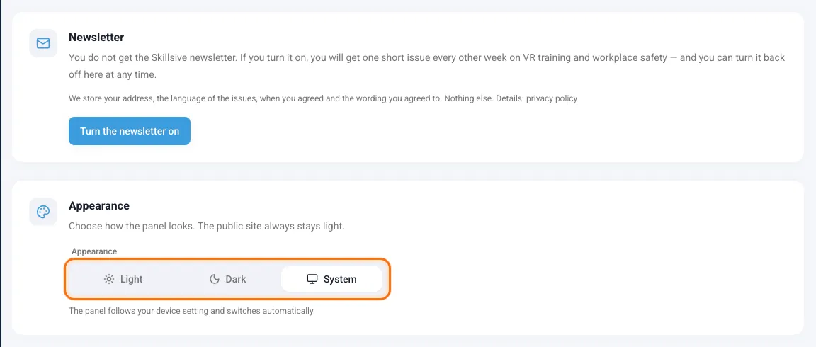 Newsletter and Appearance cards in the account profile