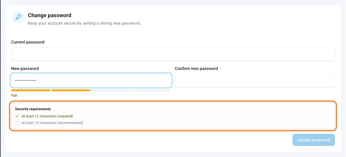 Change password form with the security requirements