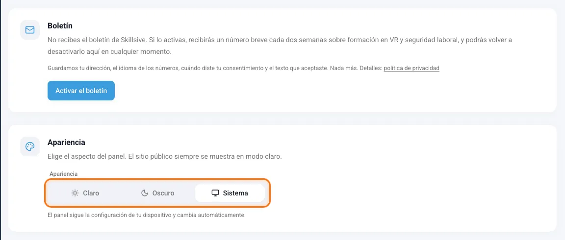 Tarjetas Boletín y Apariencia en el perfil de la cuenta