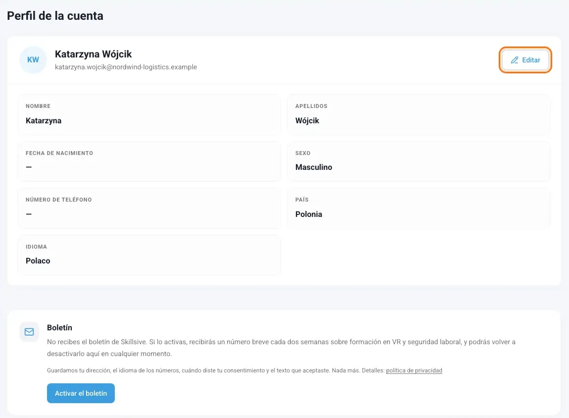 Perfil de la cuenta con el botón Editar