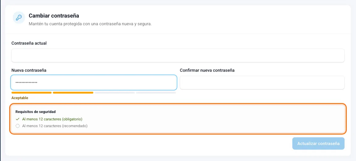 Formulario Cambiar contraseña con los requisitos de seguridad