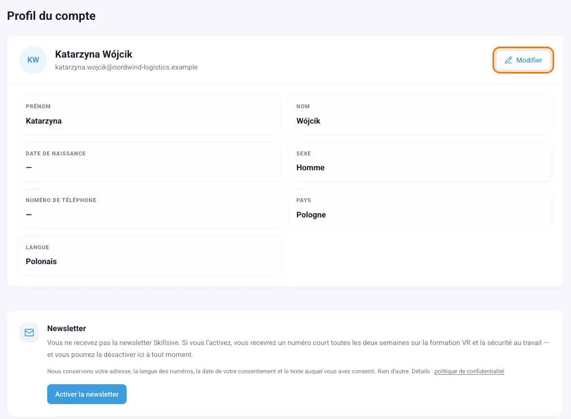 Profil du compte avec le bouton Modifier