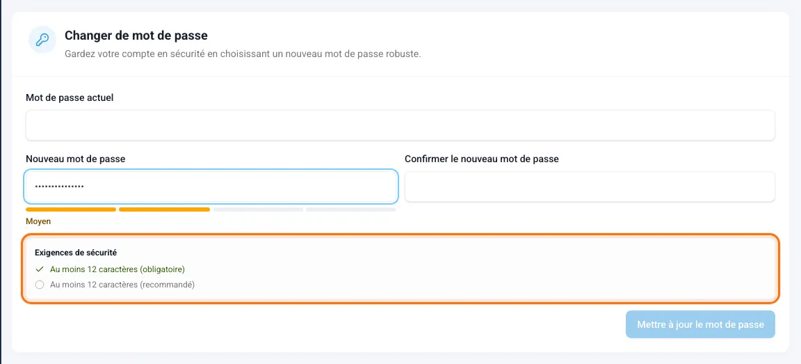 Formulaire Changer de mot de passe avec les exigences de sécurité