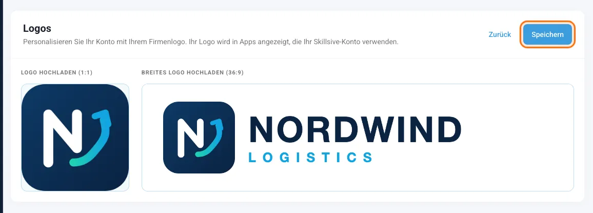 Die Karte Logos im Bearbeitungsmodus mit zwei Upload-Feldern und markierter Schaltfläche Speichern