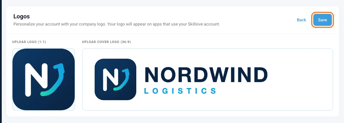 The Logos card in edit mode with two upload areas and the Save button marked