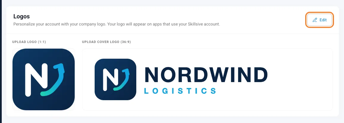 The Logos card with a square and a wide cover logo, and the Edit button marked