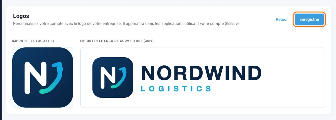 La carte Logos en mode modification avec deux zones d’import et le bouton Enregistrer encadré