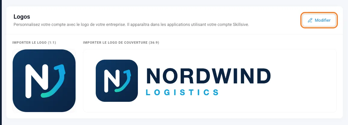 La carte Logos avec un logo carré, un logo de couverture et le bouton Modifier encadré
