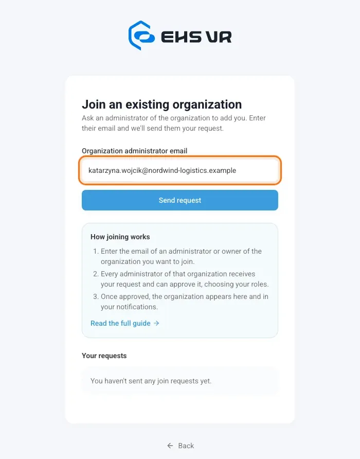 Join an existing organization page with the administrator email field and the Send request button