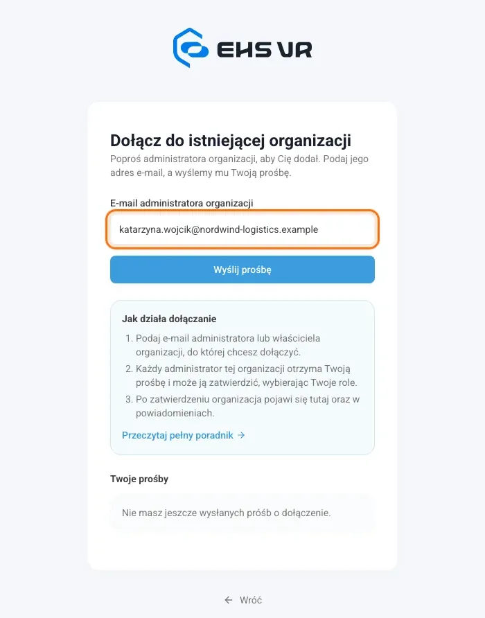 Strona Dołącz do istniejącej organizacji z polem e-maila administratora i przyciskiem Wyślij prośbę