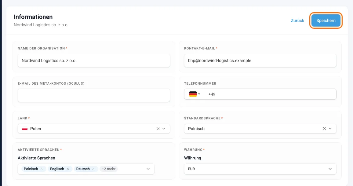 Die Karte Informationen im Bearbeitungsmodus mit markierter Schaltfläche Speichern