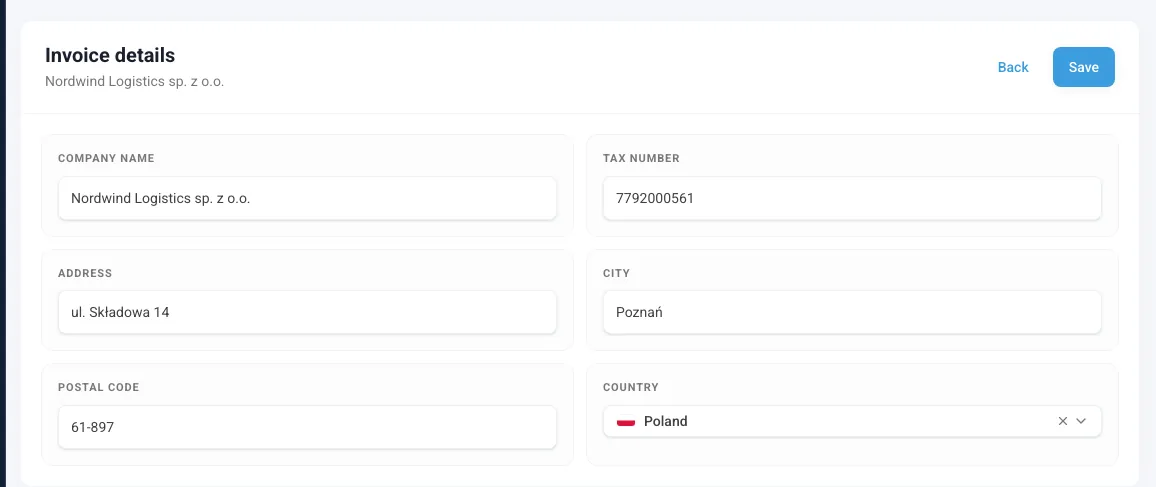 The Invoice details card in edit mode