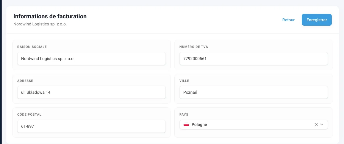 La carte Informations de facturation en mode modification