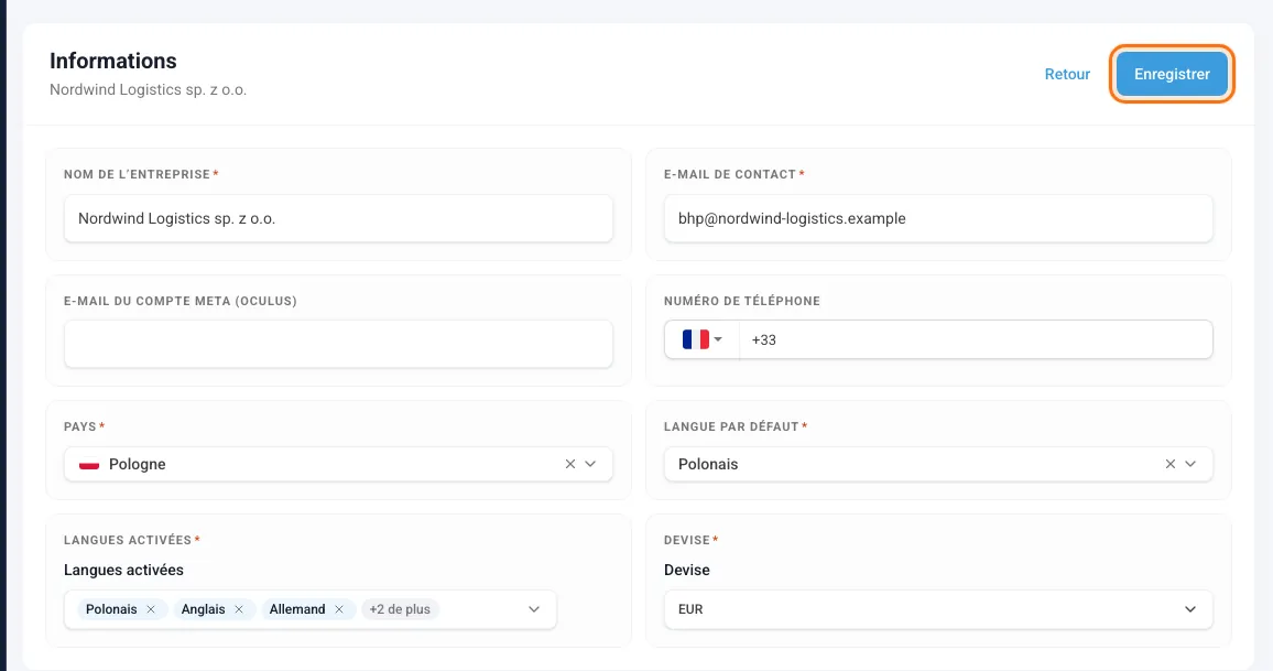 La carte Informations en mode modification avec le bouton Enregistrer encadré