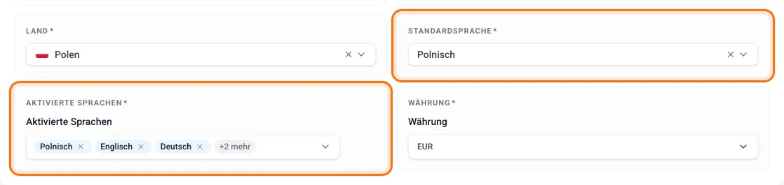 Die Felder Standardsprache und Aktivierte Sprachen im Bearbeitungsmodus
