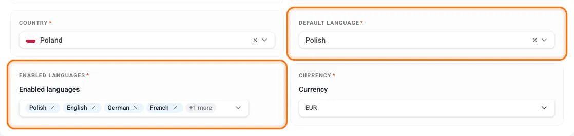Default language and Enabled languages fields in edit mode